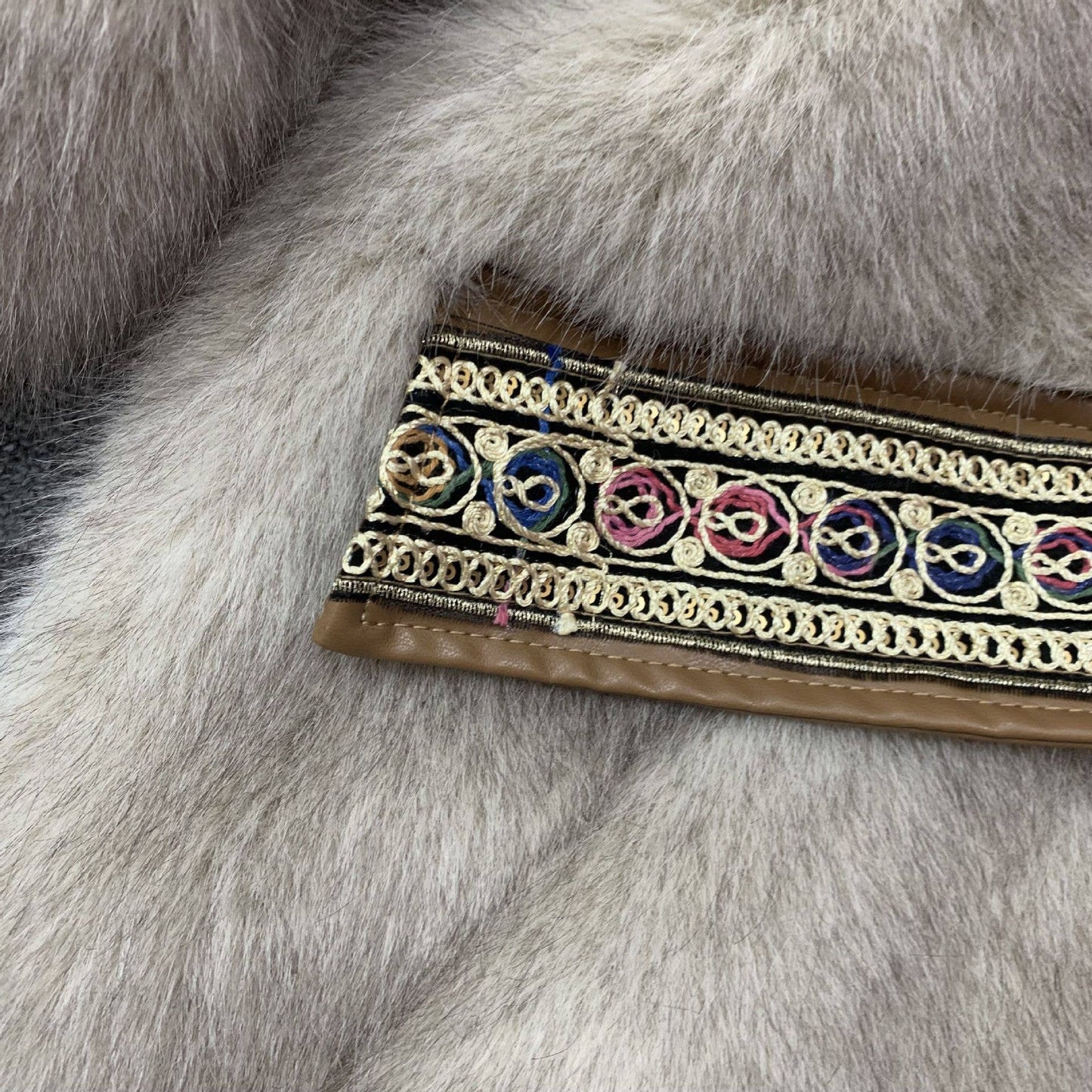 Embroidered Faux Fur Coat