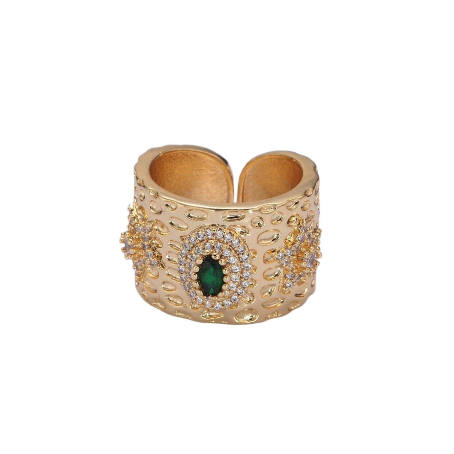 Emerald + Pavé Stars Ring - 24k Gold
