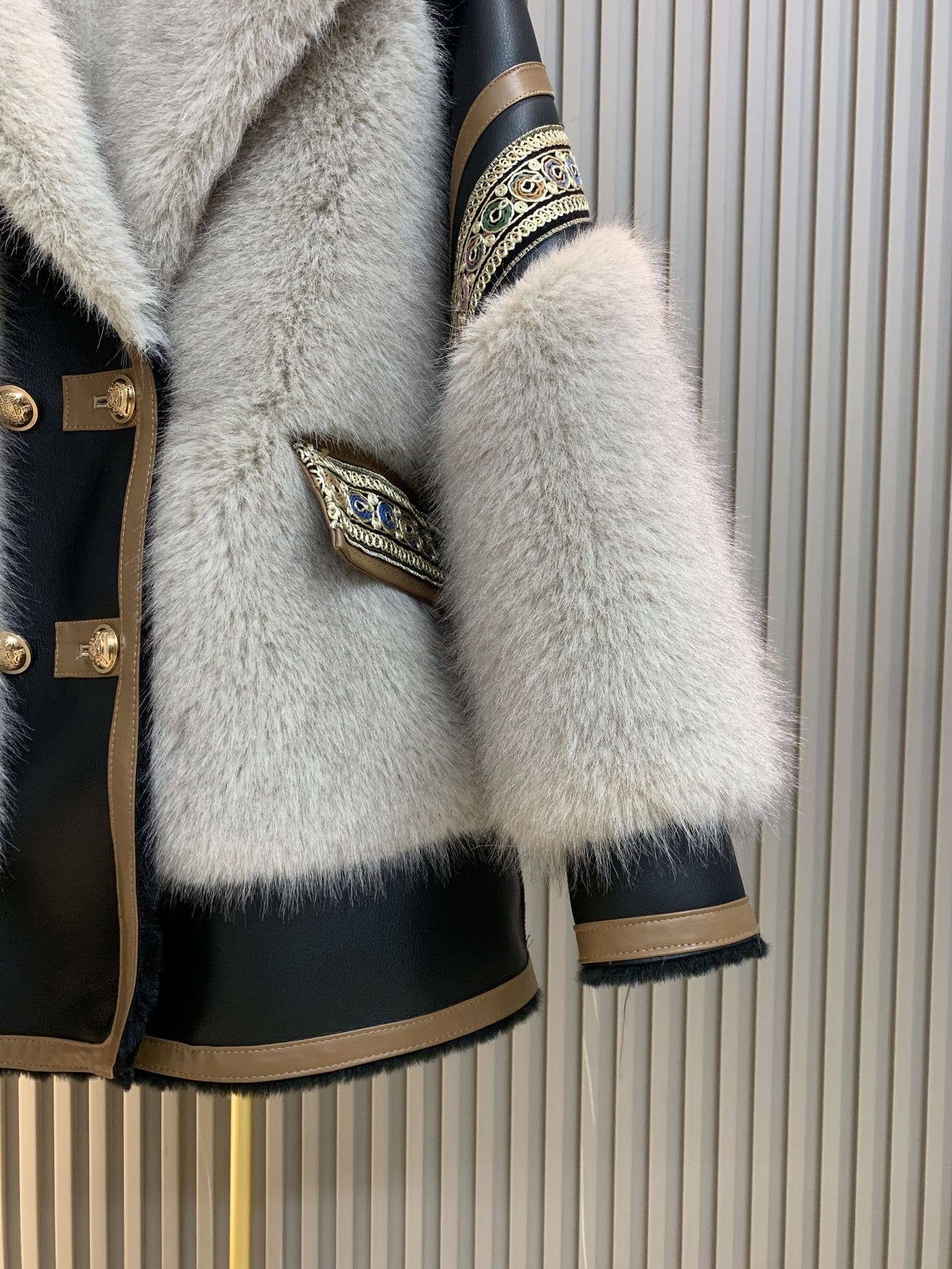 Embroidered Faux Fur Coat