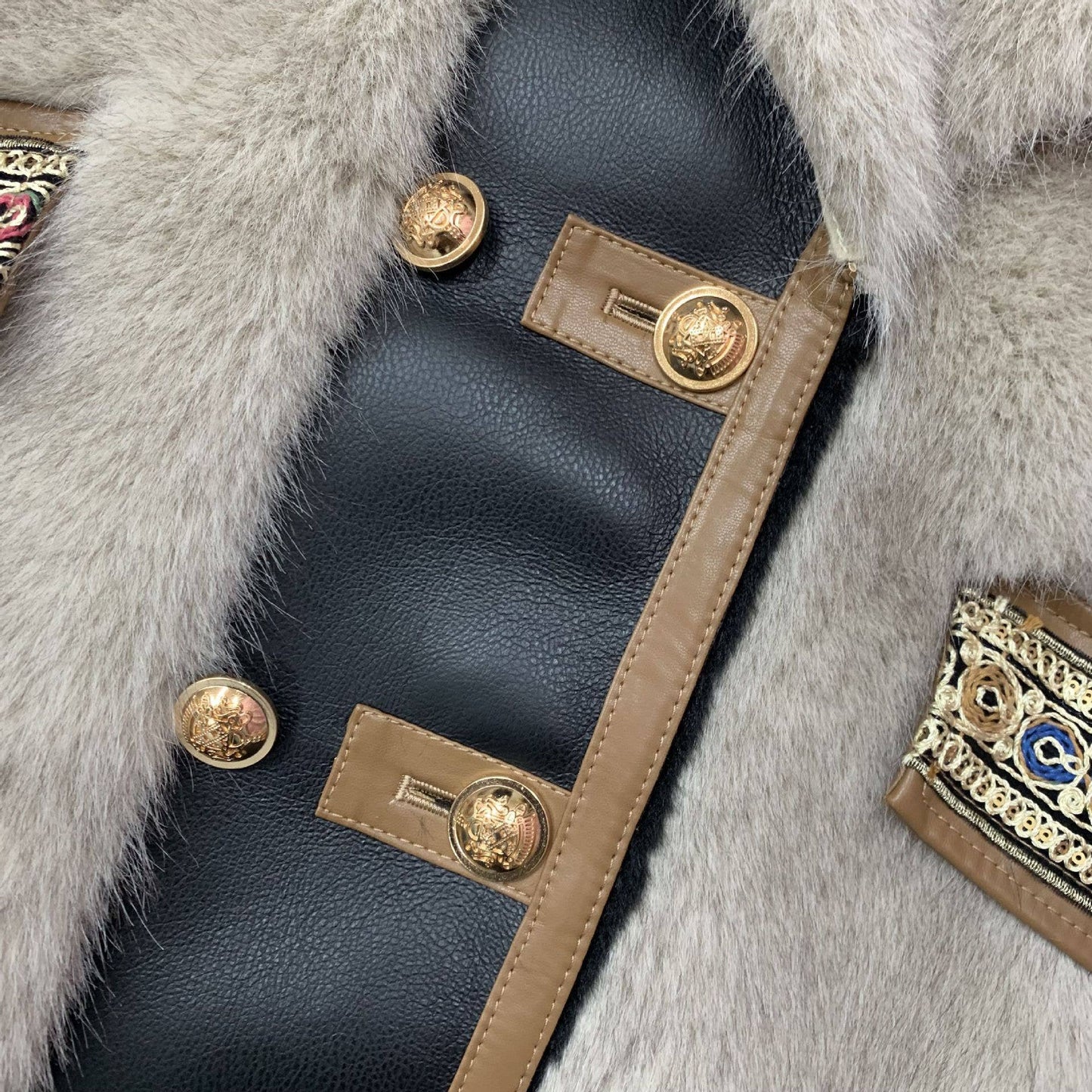 Embroidered Faux Fur Coat