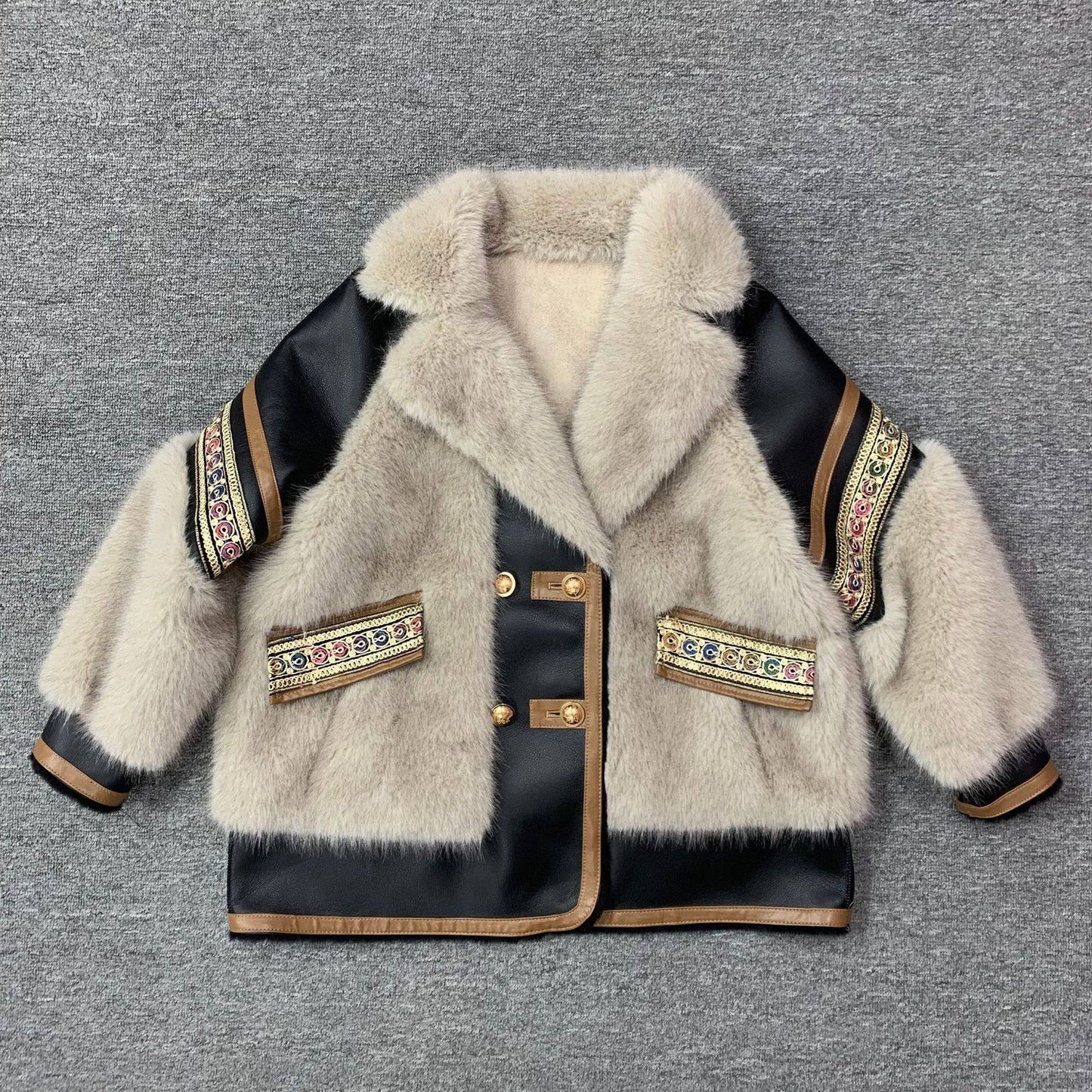 Embroidered Faux Fur Coat