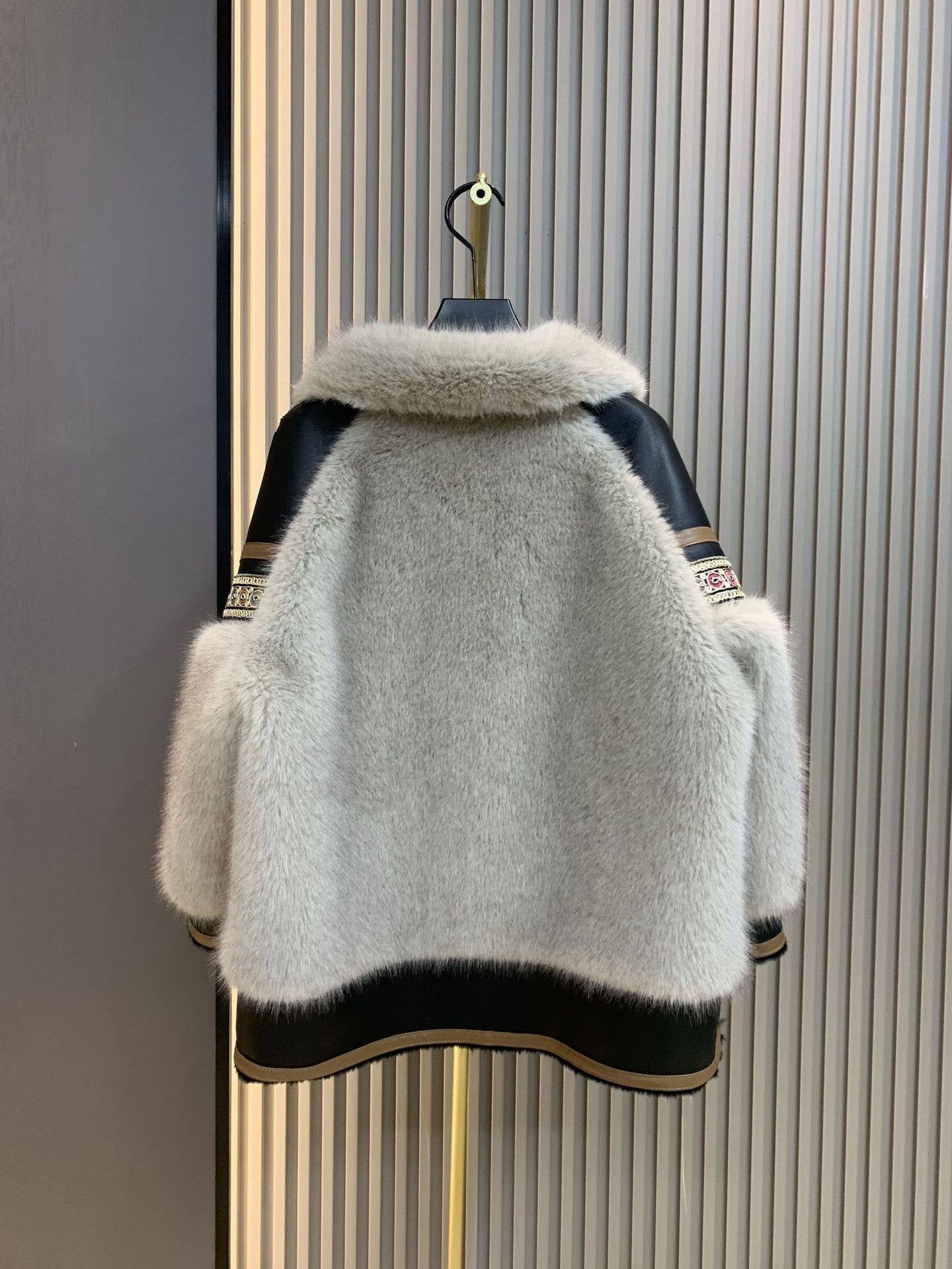 Embroidered Faux Fur Coat