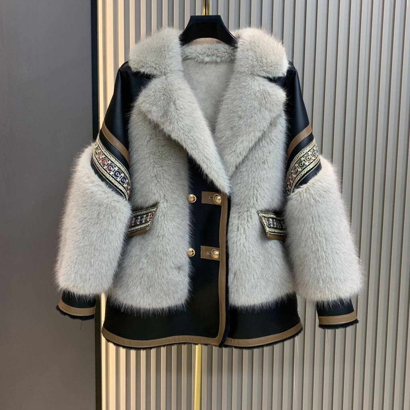 Embroidered Faux Fur Coat