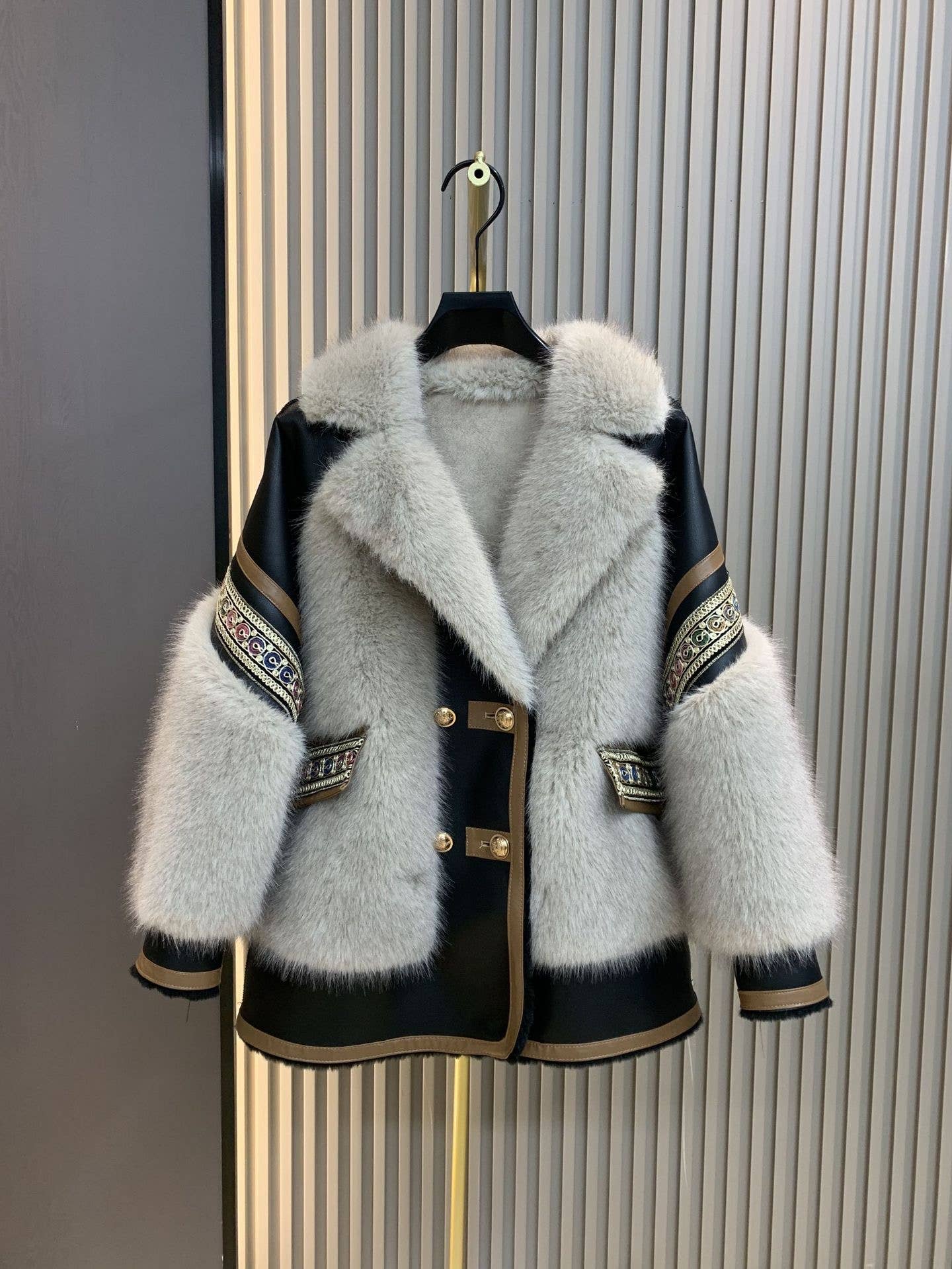 Embroidered Faux Fur Coat