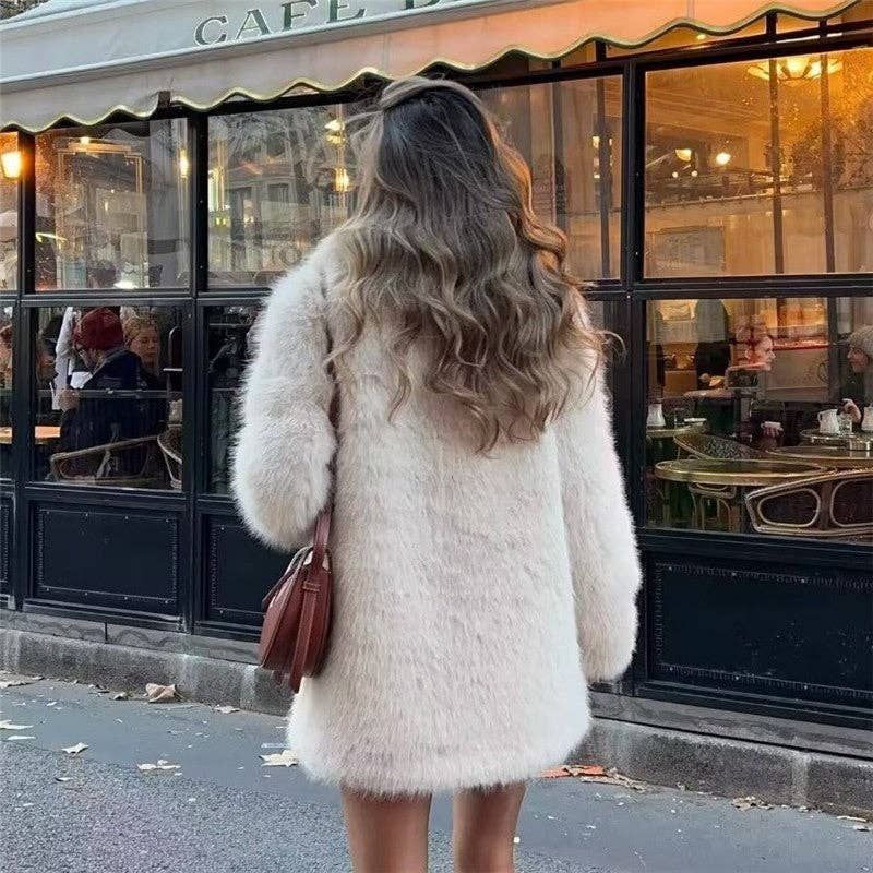 Mid-Length Faux Fur Coat - Cream