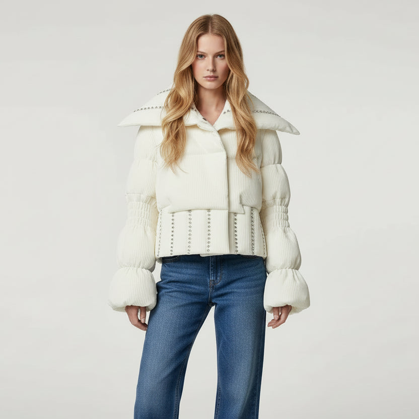 Rhinestone Lapel Puffy Coat