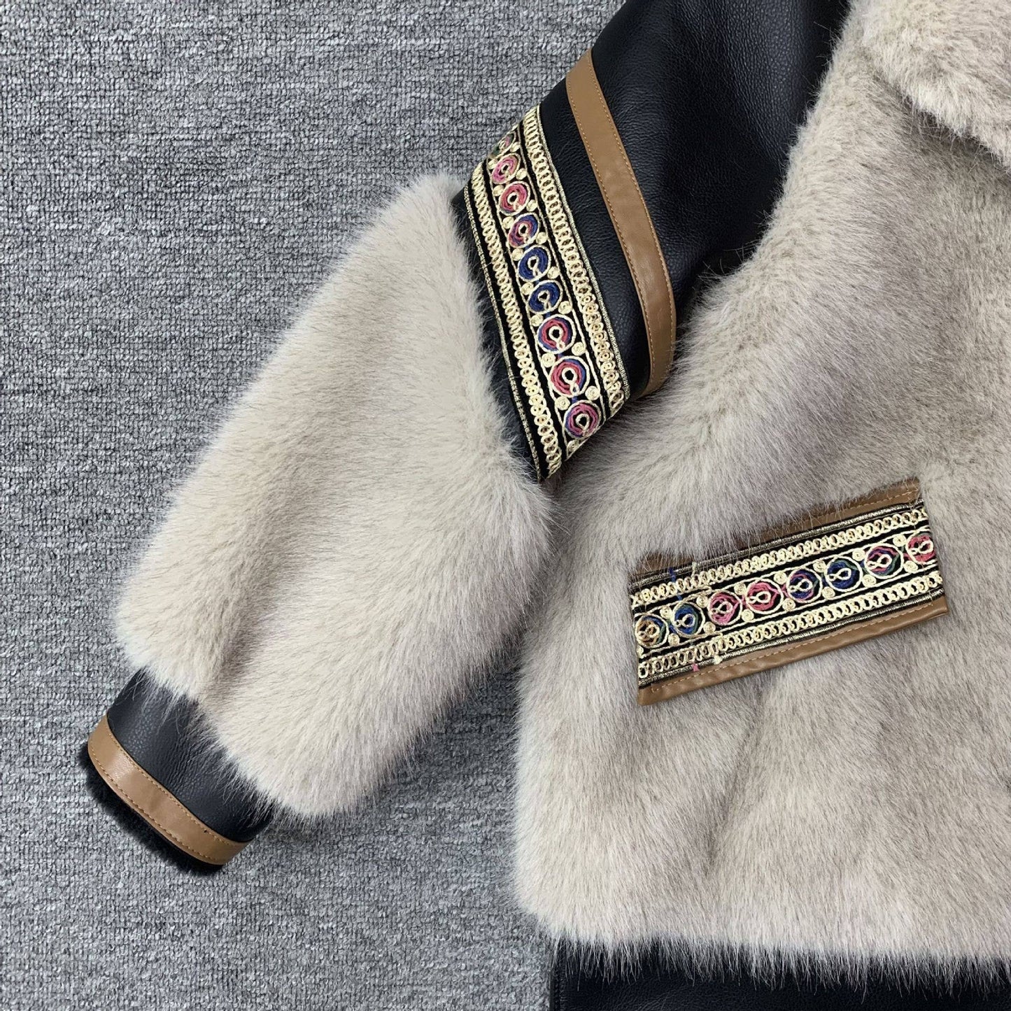 Embroidered Faux Fur Coat