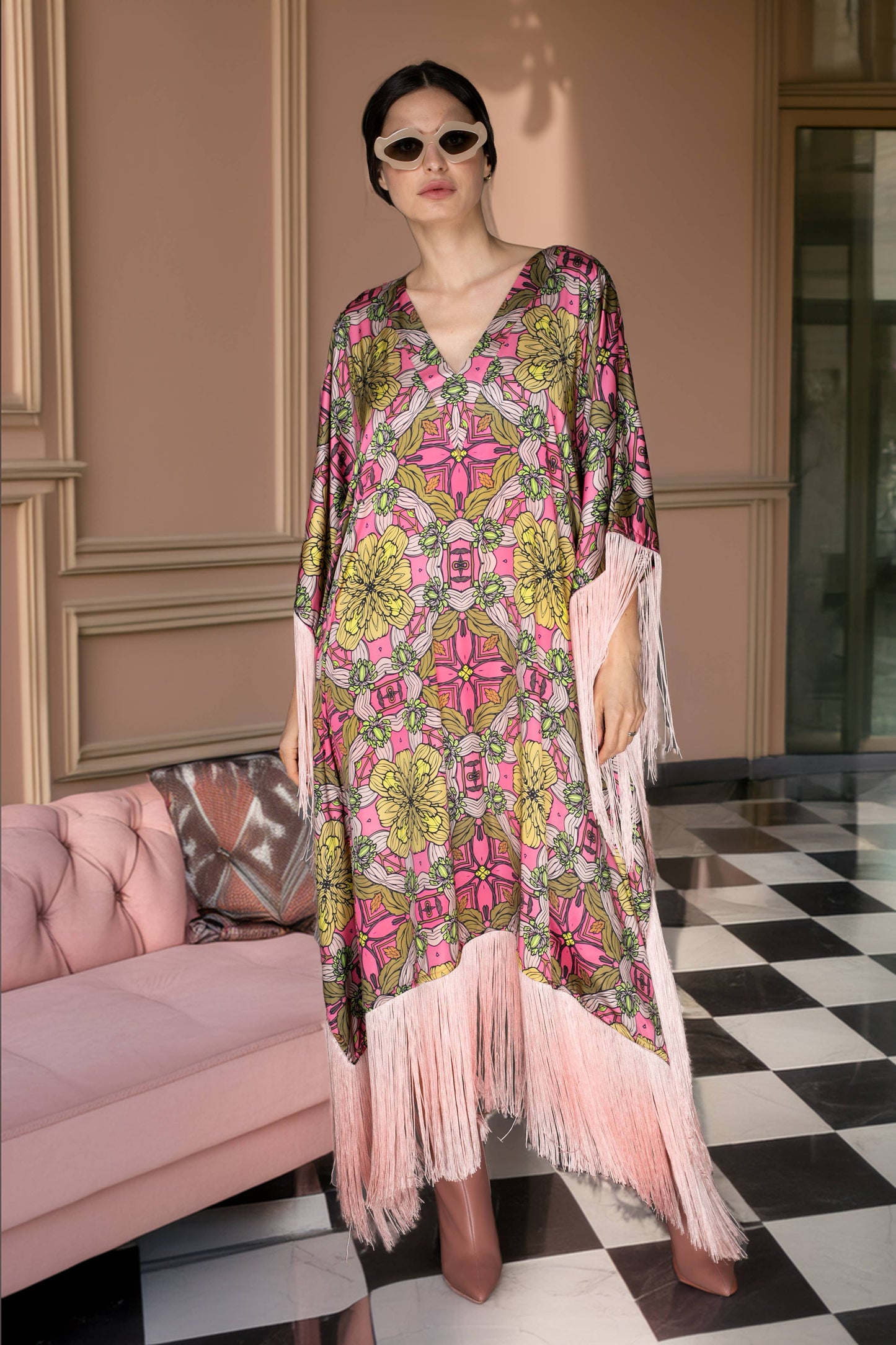Kaftan Dress - Pink fringe