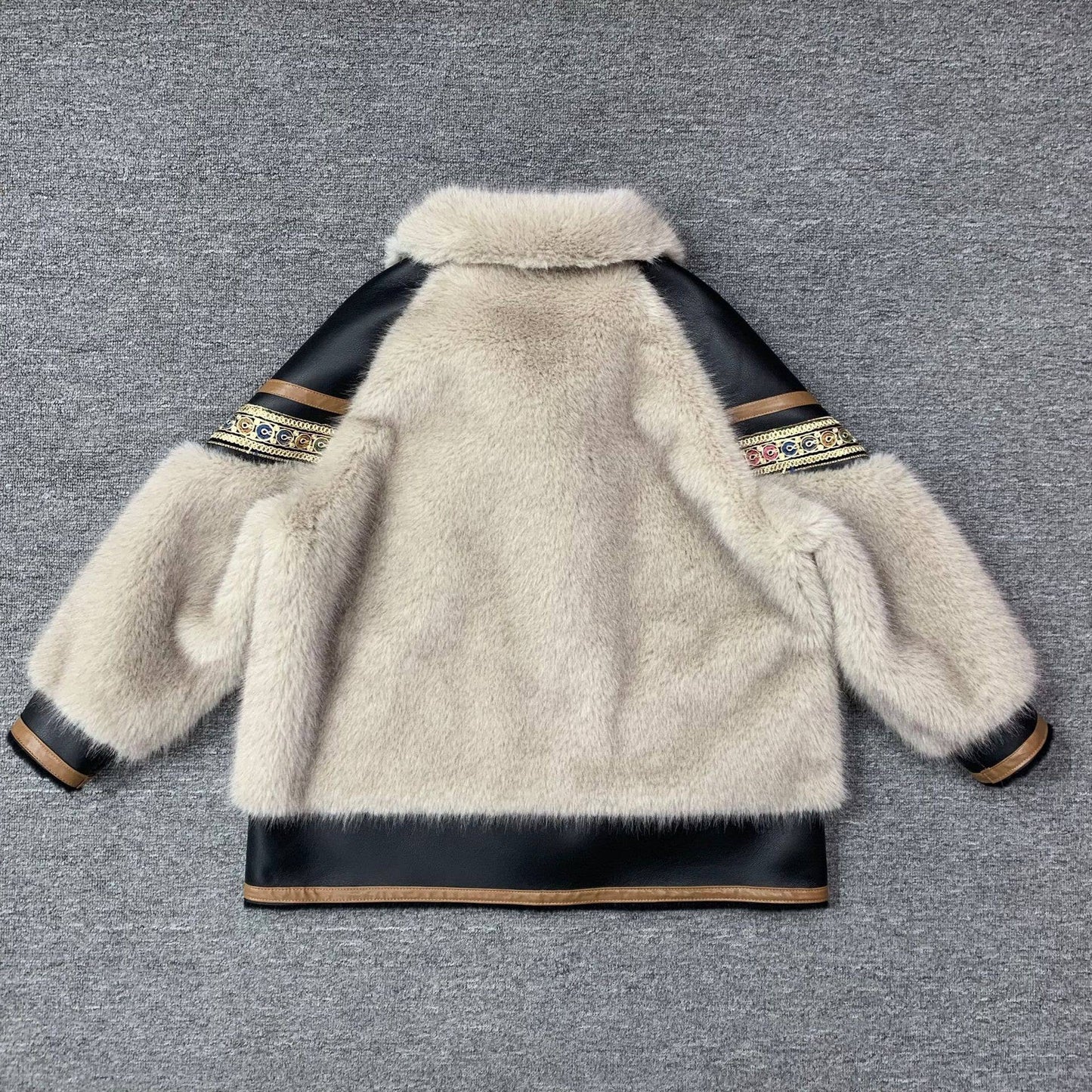 Embroidered Faux Fur Coat