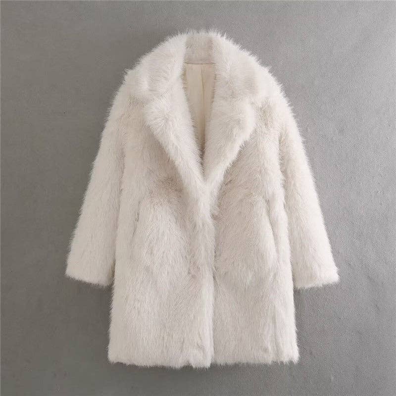 Mid-Length Faux Fur Coat - Cream