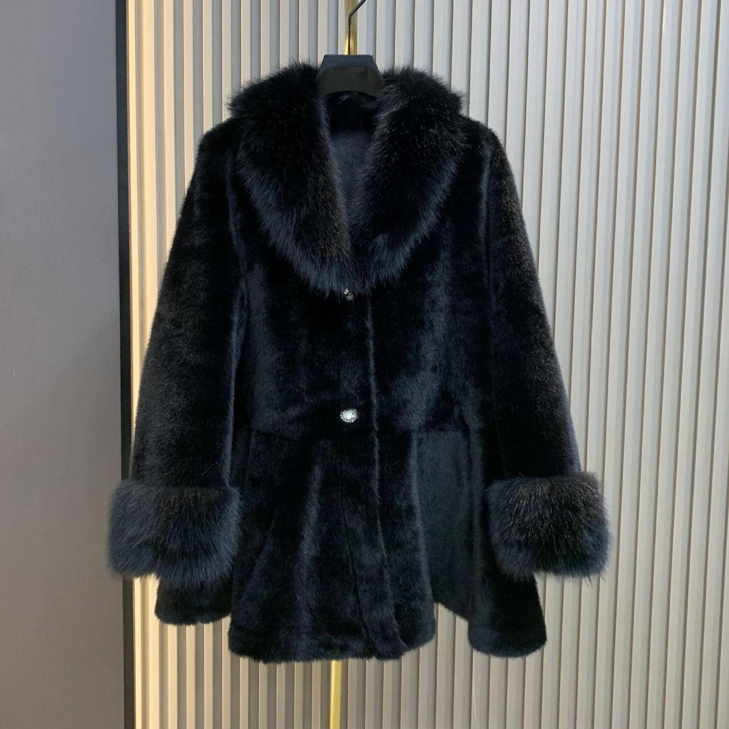 Mid-Length Faux Mink Fur Coat - Black