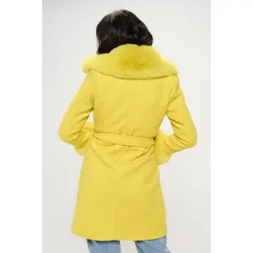 Faux Fur Trim Belted Coat - Yellow