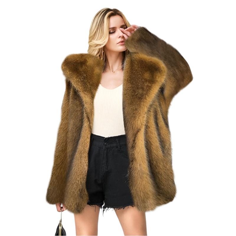 Faux Fur Mid-Length Coat - Sable Brown