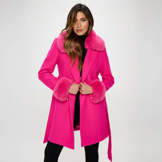 Faux Fur-Trimmed Belted Coat - Fuchsia