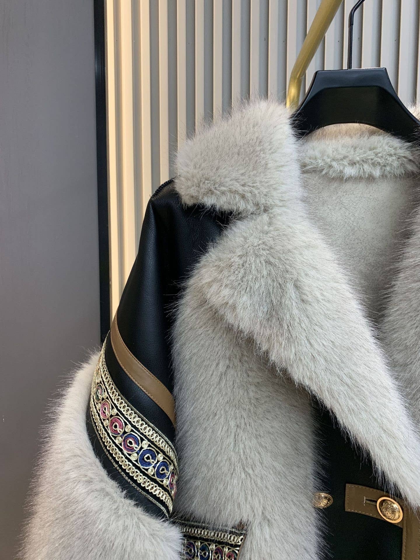 Embroidered Faux Fur Coat