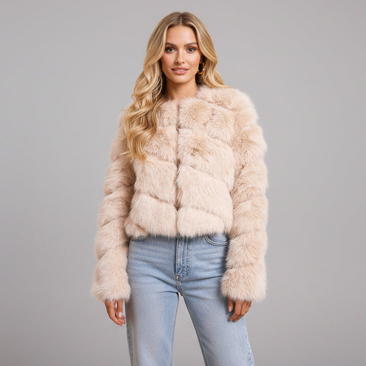 Cropped Faux Fur Jacket - Beige