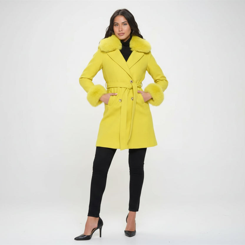 Faux Fur Trim Belted Coat - Yellow